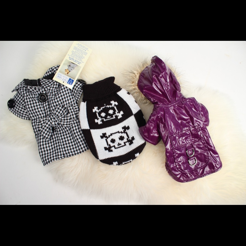 Teacup Dog clothes lot, purple chihuahua jacket, skull dog sweater, and xxs coat